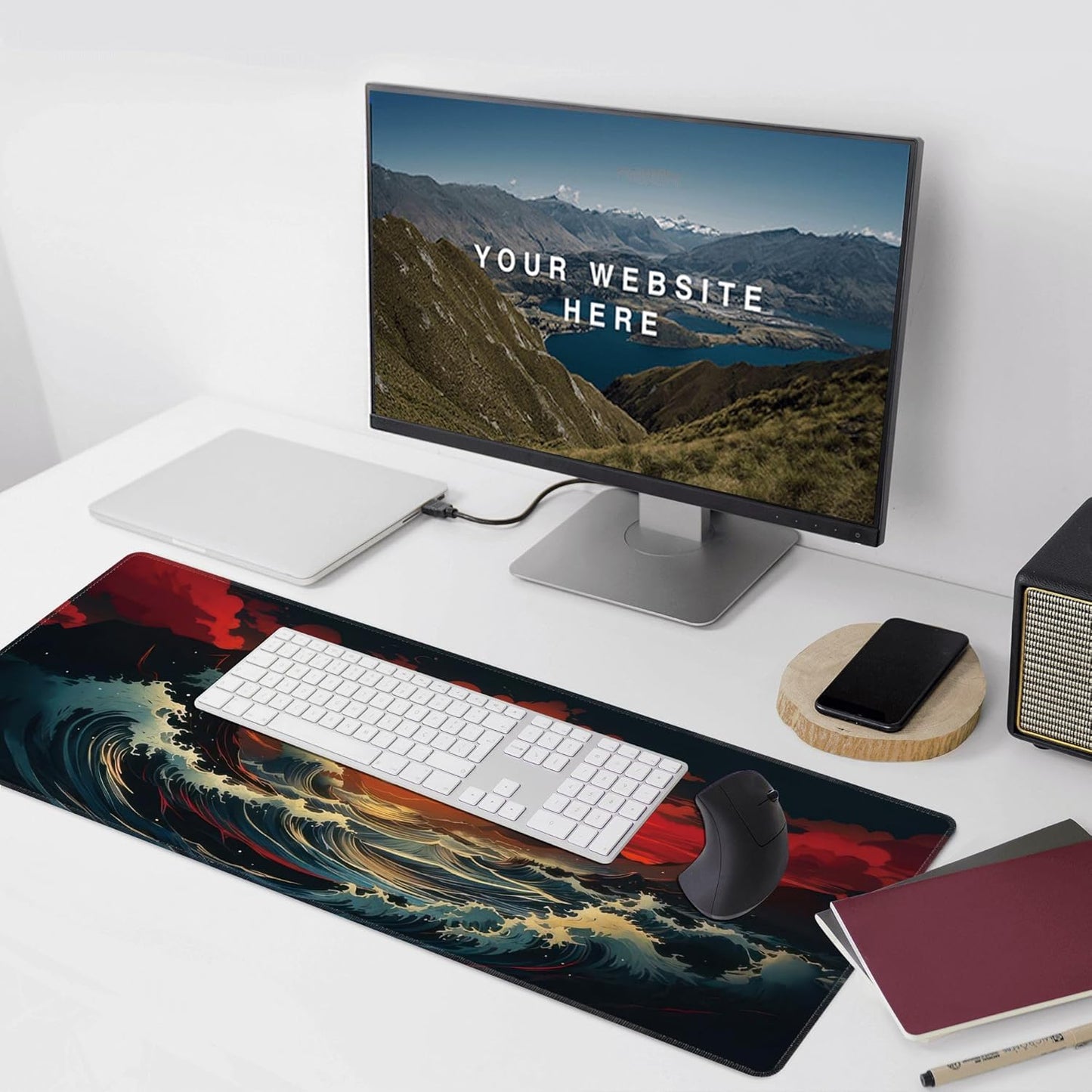 Japanese Sea Wave Large Mouse Pad,Gaming Keyboard Desk Pad,Extended Mouse Mat Non-Slip Rubber Base with Stitched Edges for Office Game Home XXL 35.4"x15.7"