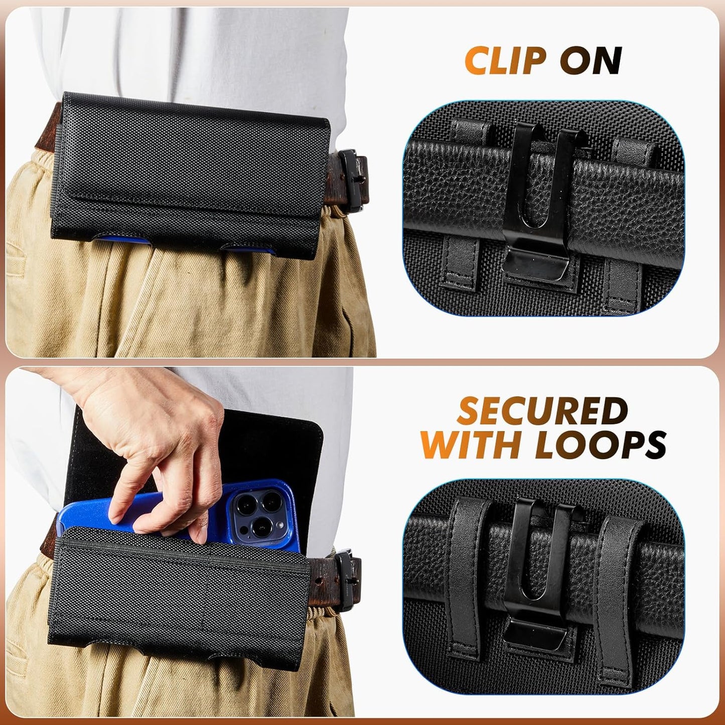 BECPLT Nylon Belt Holster Case Cell Phone Pouch Belt Holder Phone Holster Cover with Clip - Compatible with iPhone 13 Mini, 12 Mini, SE 2020, 8, 7, 6, 6S, Galaxy S10e, S7, J5 (Black)