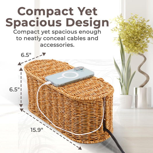 Cable Management Box, Handmade Rattan Cable Organizer, 2 Open Slots Cords Hider Box, Under Desk Cord Organizer for Computer Router USB Hub & Power Strip, Patent Pending, 15.9" x 6.5" x 6.5", Natural