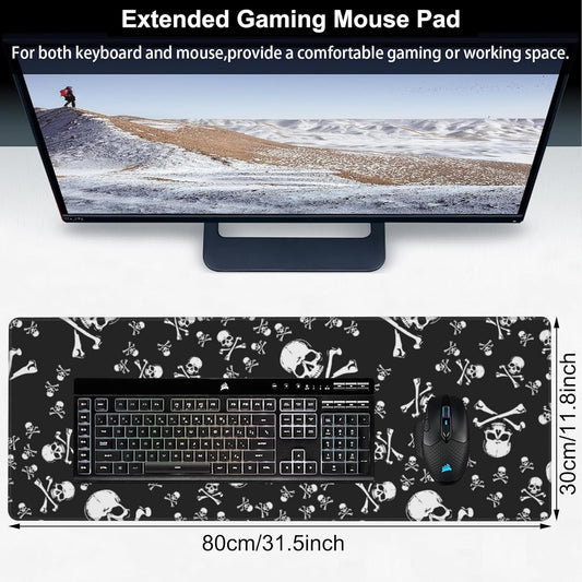 Skull Head Desk Mat,Large Pirate Skull Crossbones Gaming Keyboard Mouse Pad,Non-Slip Rubber Base Desk Pad Thick Stitched Edges Waterproof Mousepad Mouse Mat 31.5"x11.8"