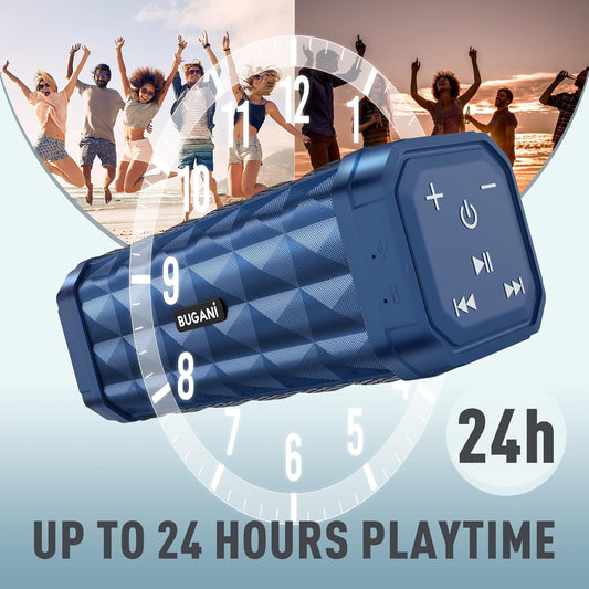 BUGANI Bluetooth Speakers Portable Bluetooth Speaker, 100ft Wireless Range, Louder Volume, Stereo Sound, Amazing Bass 24H Playtime, IPX5, Built-in Mic, Wireless Speaker for Ourdoor Indoor(Blue)