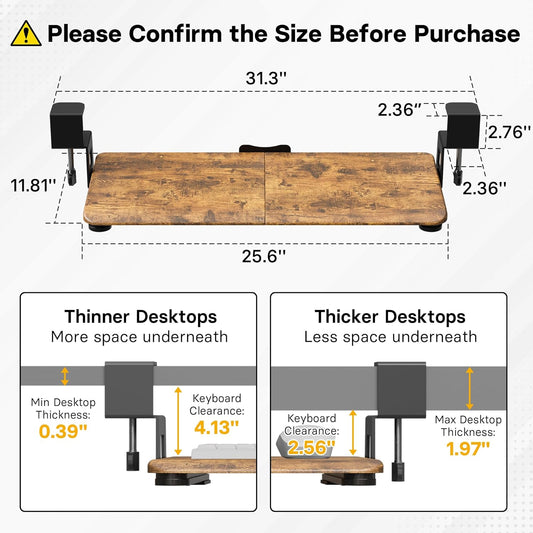 BONTEC KMT01 Under Desk Keyboard Tray, Pull-Out Keyboard & Mouse Platform with C-Clamp, 25.6 x 11.8 in Space-Saving Ergonomic Slide-Out Drawer, Rustic Brown