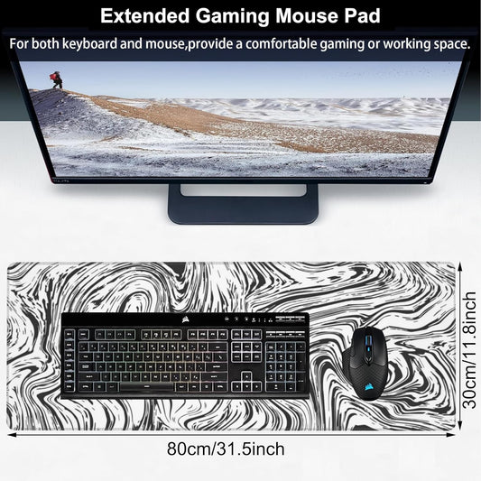 Black and White Marble Desk Mat,Large Abstract Marble Texture Gaming Keyboard Mouse Pad,Non-Slip Rubber Base Desk Pad Thick Stitched Edges Waterproof Mousepad Mouse Mat 31.5"x11.8"