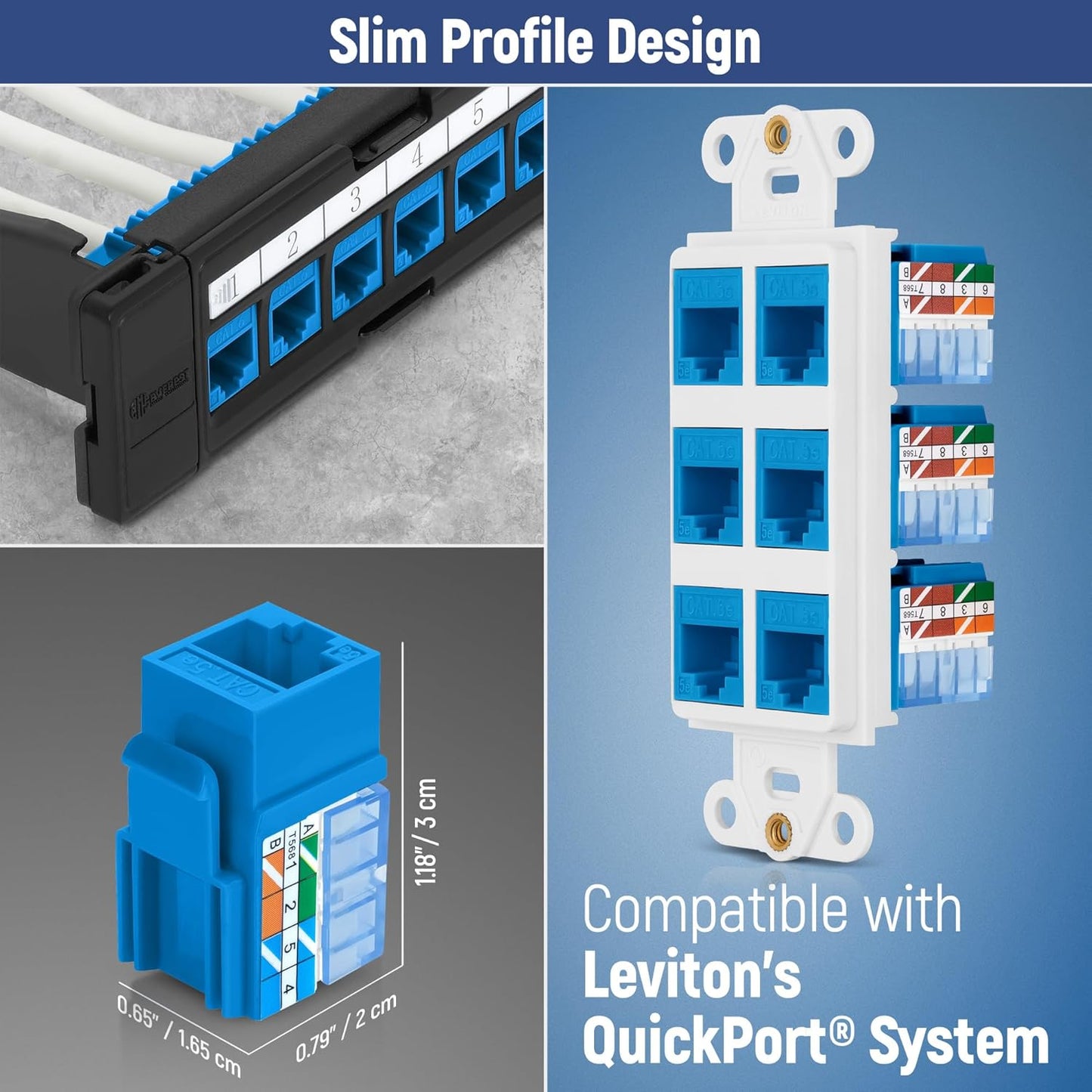 Everest 90° Angled RJ45 Cat5e Keystone Jacks 50-Pack in Blue - Slim Profile Female RJ45 Connectors - Cat 5e Keystone Jack - Compatible with 90° Angled Speed Termination Tool - easyJACK (B094WB91H3)