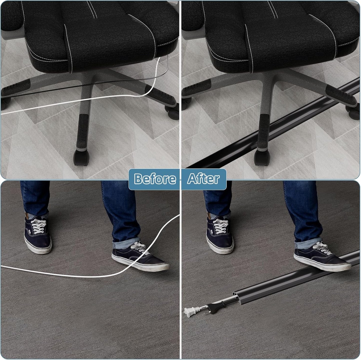 6ft Side Buckle Floor Cord Cover for Wires, Selfadhesive Extension Cord Hider Easy Floor Cable Management Prevent Cable Trips,Silicone Floor Wire Covers for Cords, Cable Protector Cord Cavity(Black)