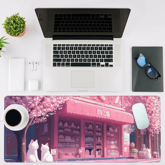 Mouse Pad Large Cake Shop and White Cats Non-Slip Gaming Desk Mat with Stitched Edge Laptop Keyboard Desk Pad for Work Home Gaming (35.4 x 15.7 Inches)