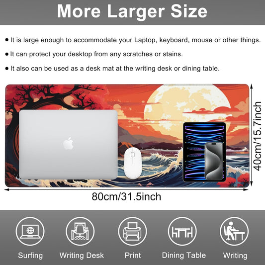 Mouse Pad, Large Huge Moon Over The Sea Desk Mat, Extended Non-Slip Gaming Keyboard Mousepad Desk Pad, Thick Stitched Edges Waterproof Mouse Mat 31.5"x15.7" (Beautiful Natural Landscape)