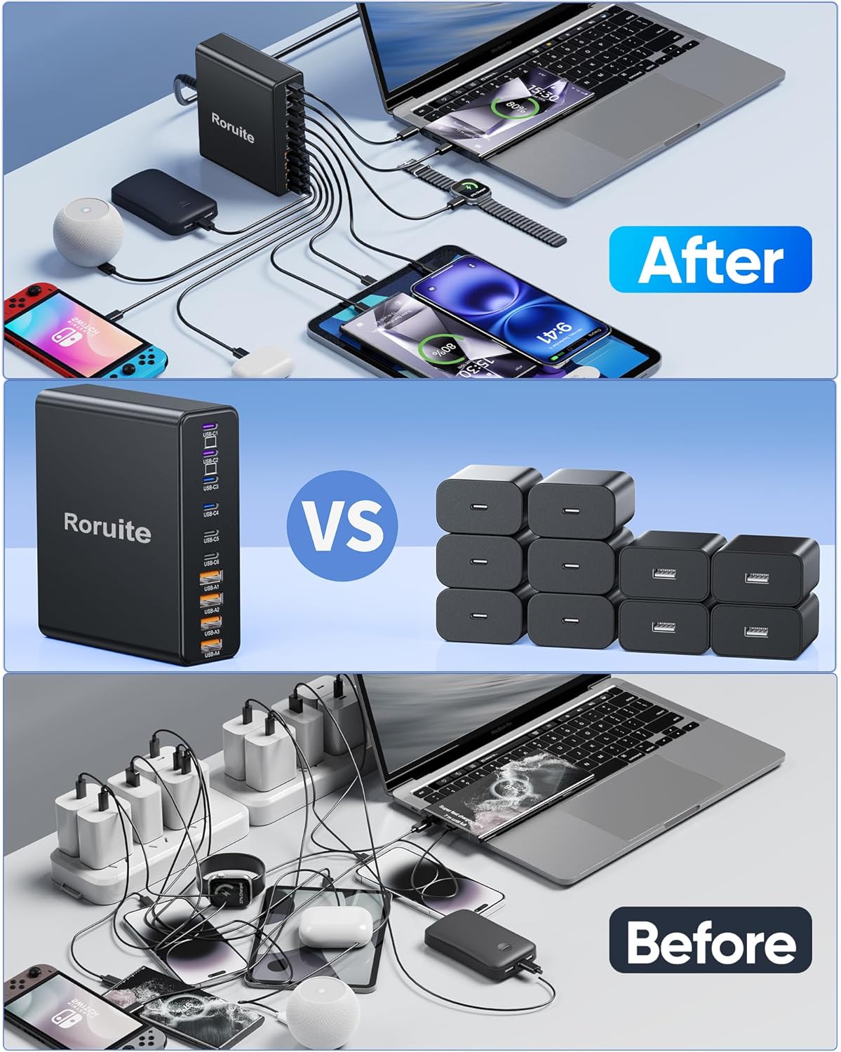 460W USB C Charger Block, 10-Port Charging Station GaN Fast Charger Block Type C & USB A Wall Charger, Dual 65W Laptop Multiport for iPhone, iPad, MacBook Pro/Air, Samsung Galaxy, Android(Black)