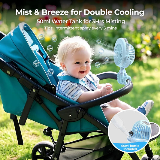 Misting Baby Stroller Fan, 4000mAh Rechargeable Battery Operated, 270°Pivoting, 15H Cooling,50ml Portable Water Sprayer Misting Fan with Flexible Tripod Clip on Car Seat Crib Treadmill Bunk Bed