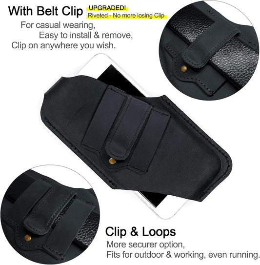 TobbinGear Leather Cell Phone Holster with Belt Clip, Universal Phone Holster for Men Belt Holder, Leather Case for iPhone, Samsung Galaxy Phones, Black, Large
