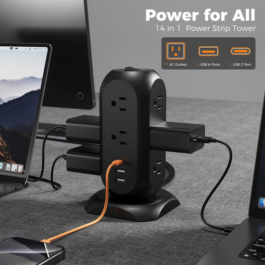 TESSAN Surge Protector Power Strip Tower with 3 USB Ports 11 Outlets, 1875W/15A, Black Extension Cord 6 Feet, 1050J Protection Desktop Charging Station for Office School Dorm Room Essentials