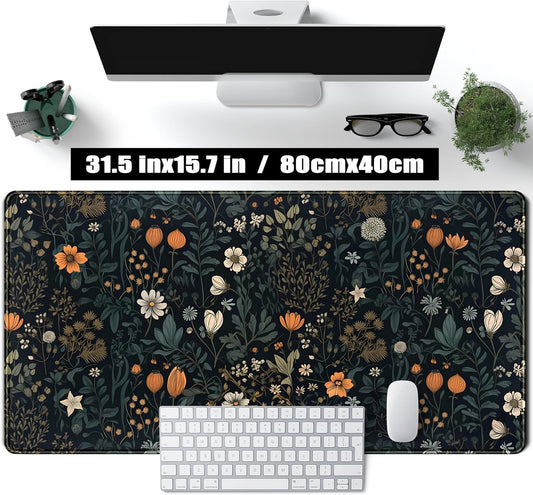 Cute Dark Floral Desk Mat Vintage Flowers Plant Mouse Pad XXL Large Extended Gaming Mousepad Women Office Decor Desk Pad, Big Laptop Computer Keyboard and Mouse Mat with Stitched Edges, 31.5x15.7 in