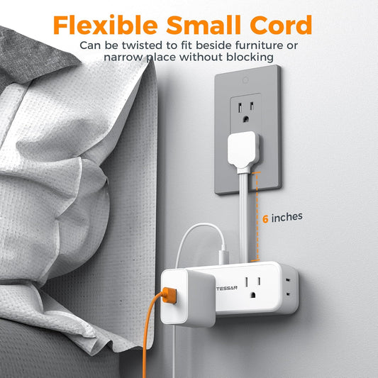 Small Extension Cord 6 inch, TESSAN Thin Flat Plug Power Strip with 4 AC Outlets 3 USB (1 USB C) Ports, Silm Charging Station Desk Organizers for Home Bedroom Hotel Office Desktop Accessories