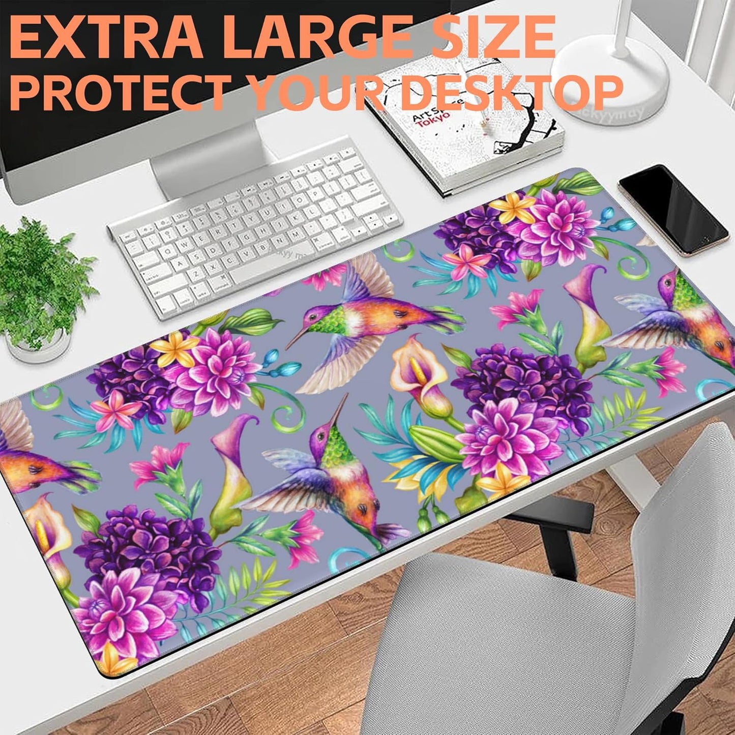 Mouse Pad Large Humming Bird and Flowers Non-Slip Gaming Desk Mat with Stitched Edge Laptop Keyboard Desk Pad for Work Home Gaming (35.4 x 15.7 Inches)