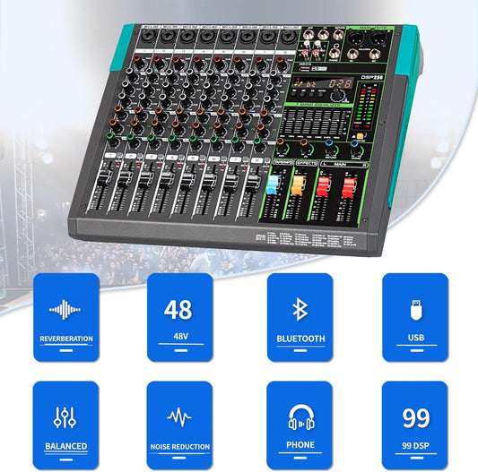 Depusheng PA8 Professional Audio Mixer Sound Board Console Desk System Interface 8 Channel Digital USB Bluetooth MP3 Computer Input 48V Phantom Power Built-in 256 Reverb Effect, Black