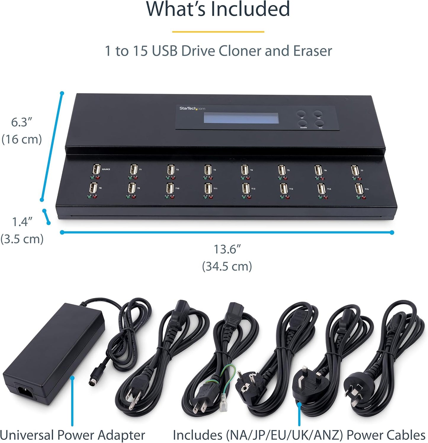 StarTech.com Standalone 1 to 15 USB Flash Drive Duplicator/Cloner/Eraser, Multiple USB Thumb Drive Copier / Sanitizer, System File / Sector-by-Sector Copy, 1.5 GB/min, 3-Pass Erase, LCD, TAA