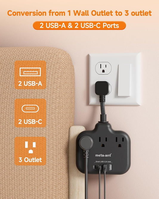 Short Extension Cord 2 inch, Short Cord Power Strip with 3 Outlets 4 USB(2 USB-C) 17W, Flat Outlet Extender, Non-Blocking, Non-Surge Protection for Cruise Travel Dorm Kitchen Bathroom, Black