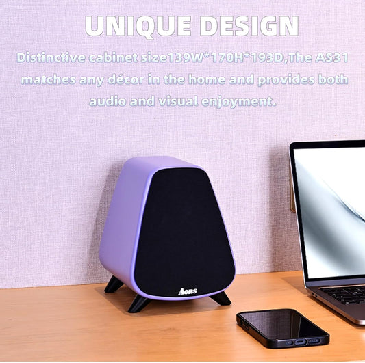 AS31 Active Bookshelf Speakers Bluetooth -2.0 Powered Speaker Stereo Computer Speakers for Desktop pc ,Monitor Speakers 80WRMS/3inch Bass RCA/Optic Inputs, Wooden Compact (Violet)