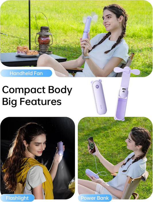 JISULIFE Handheld Fan with 4500 mAh Powerbank Max 37 Hours Runtime, Pocket Portable Battery Operated or USB Powered Folding Personal Fan, 3 Speeds, Gifts for Women Men Kids Gift for Festival-Purple