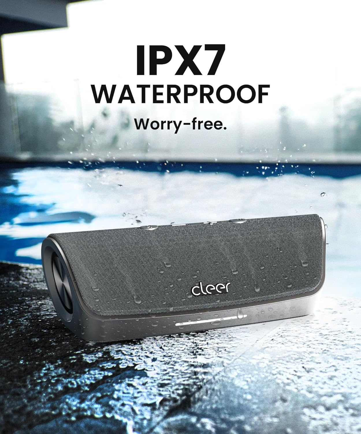 Cleer Scene Wireless Bluetooth Speaker, Stereo Wireless Pairing, Waterproof IPX7, 12Hrs Play time, Deep Bass, Built-in Mic, Powerful Portable Speakers, for Outdoor & Party, Home, Grey