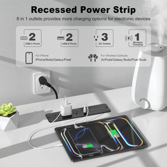 8 in 1 Recessed Power Strip with 15W Wireless Charger, 20W Fast Charging Furniture Outlet, Plug in 3 AC Outlets & 4 USB Ports Flush Mount, 6FT Cord