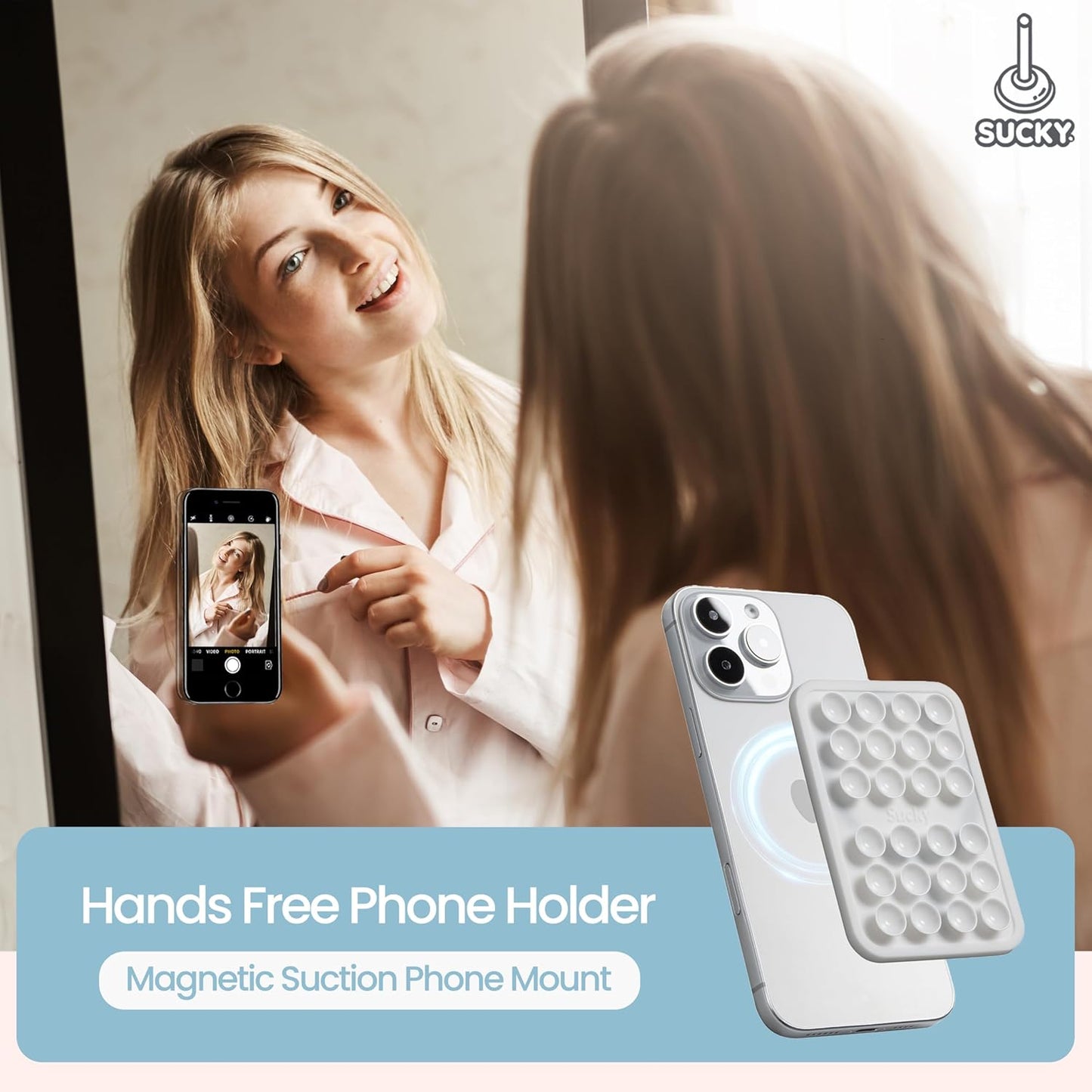 SUCKY Silicone Suction Phone Case Adhesive Mount - Anti-Slip Holder, Hands-Free Fidget Toy, Phone Accessory for iPhone and Android (Crystal White, Magnetic)