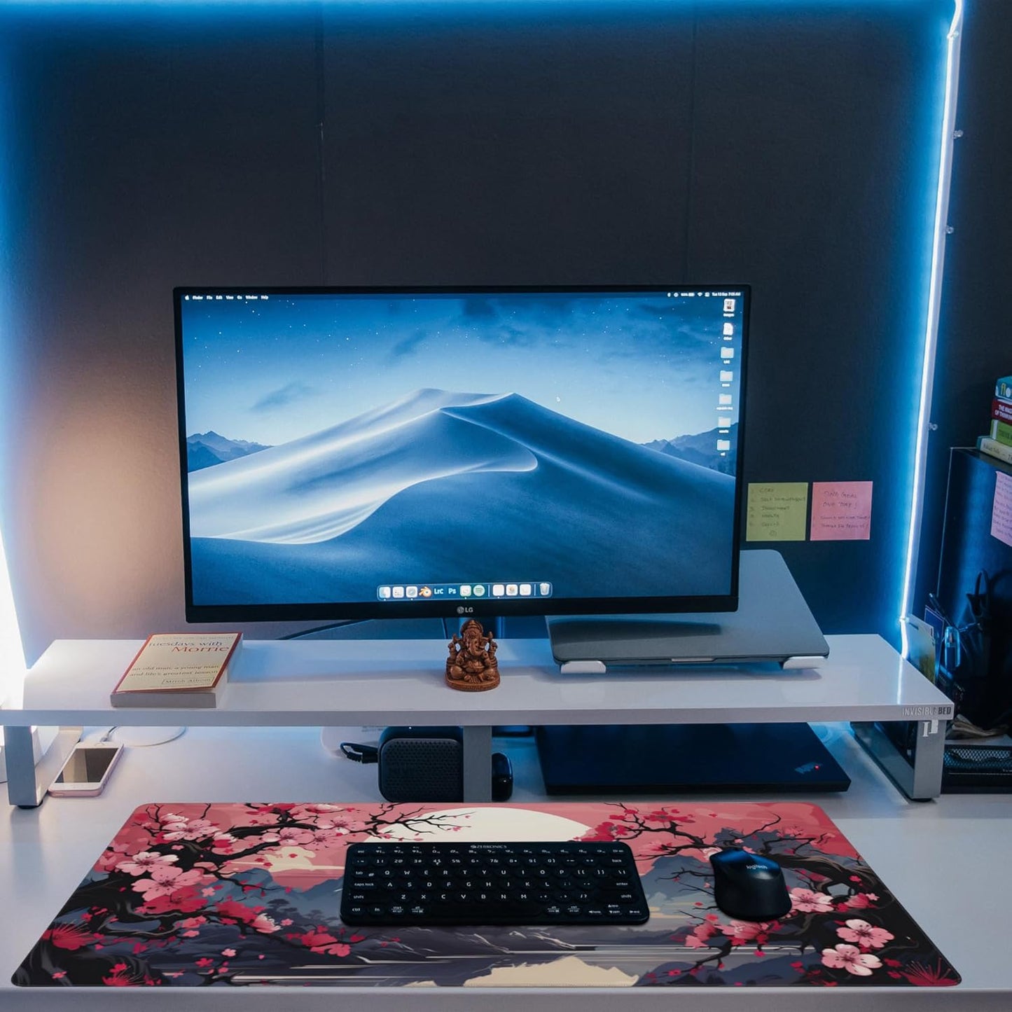 Desk Pad,Pink Cherry Blossom Tree Desk Mat,Mountains and Sun Large Gaming Mouse Pad for Desk,Extended Big Computer Keyboard Mouse Pad with Non-Slip Base and Stitched Edge,35.4"x15.7"