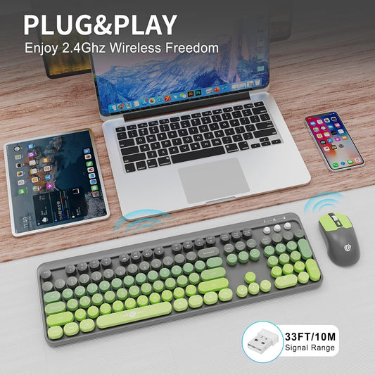 Wireless Keyboard and Mouse Combo, 104 Round Keys Cute Colorful Keyboard and Mouse with Retro Typewriter for PC/Mac/Laptop/Tablet/Computer/Windows Gray Green
