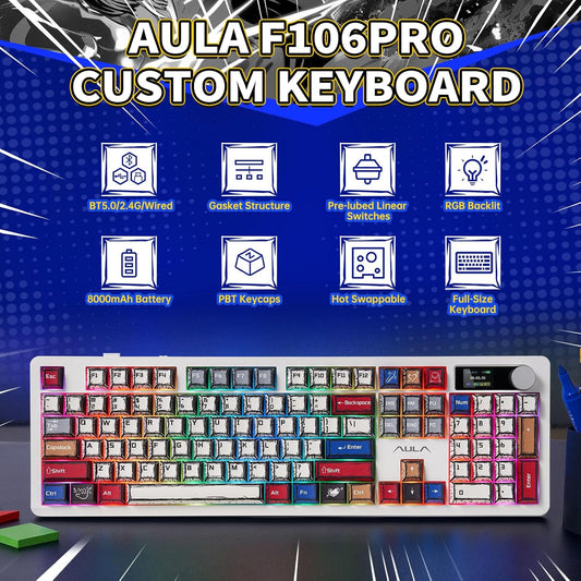 AULA F106 PRO Mechanical Keyboard,Full Size Gaming Keyboard with Hot Swappable Knob & Screen,Tri-Mode RGB Backlit with 8000mAh for PC/Laptop/Windows - Blaze Switch,Comic Mix