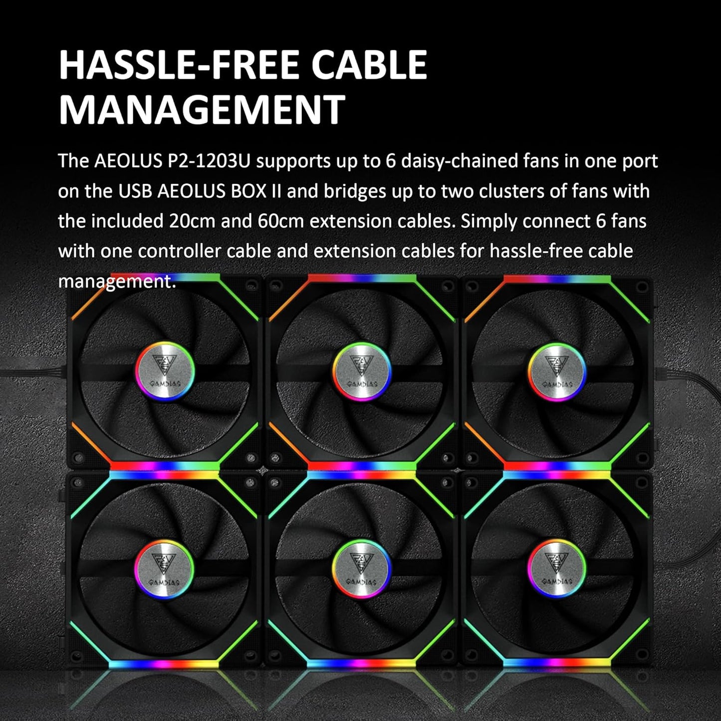 GAMDIAS Aeolus P2-1203U 120mm ARGB PWM Fan(3 Fan Pack w/USB Hub), Include Reverse Fan Blade x3, ARGB Sync Ready, Easy Installation & Cabless Daisy-Chain Design, Silent Operation, Up to 2400RPM, Black