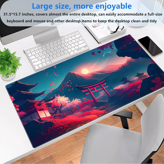 Japanese Anime Mouse Pad - Pink Sakura & Full Moon Design Gaming Desk Mat, XL Large (31.5"x15.7") Keyboard Pad for PC Laptop Office Decor