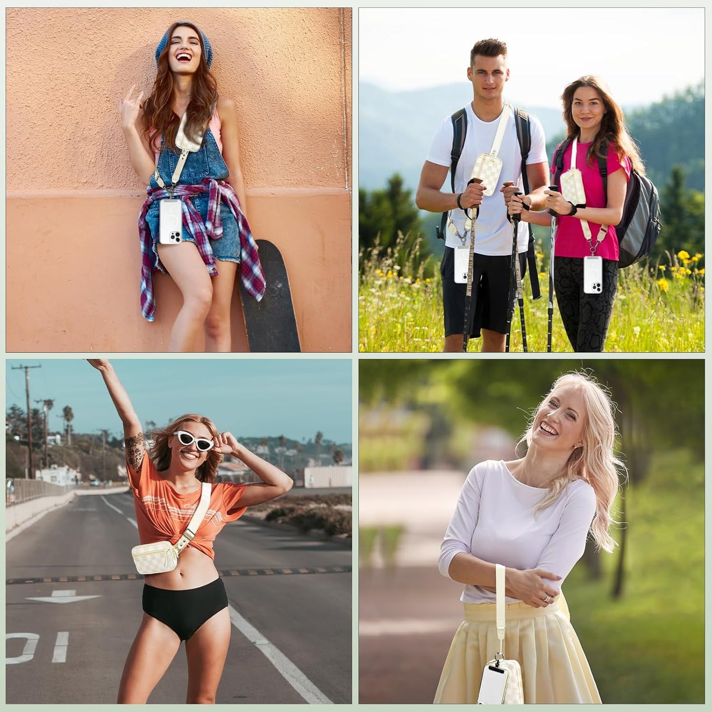 Clip and Go Strap for Phone with Wallet Crossbody, Adjustable Phone Lanyard with Detachable RFID Wristlet Wallet, Phone Strap with Phone Tabs for All Phones, Cream Checkered (M)