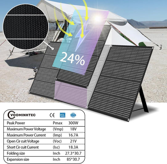 310W 18V Portable Foldable Solar Panel Monocrystalline ETFE 24% High Efficiency Foldable Kickstand Ultra-Light Waterproof IP65 Solar Charger for Power Station Off Grid Outdoor
