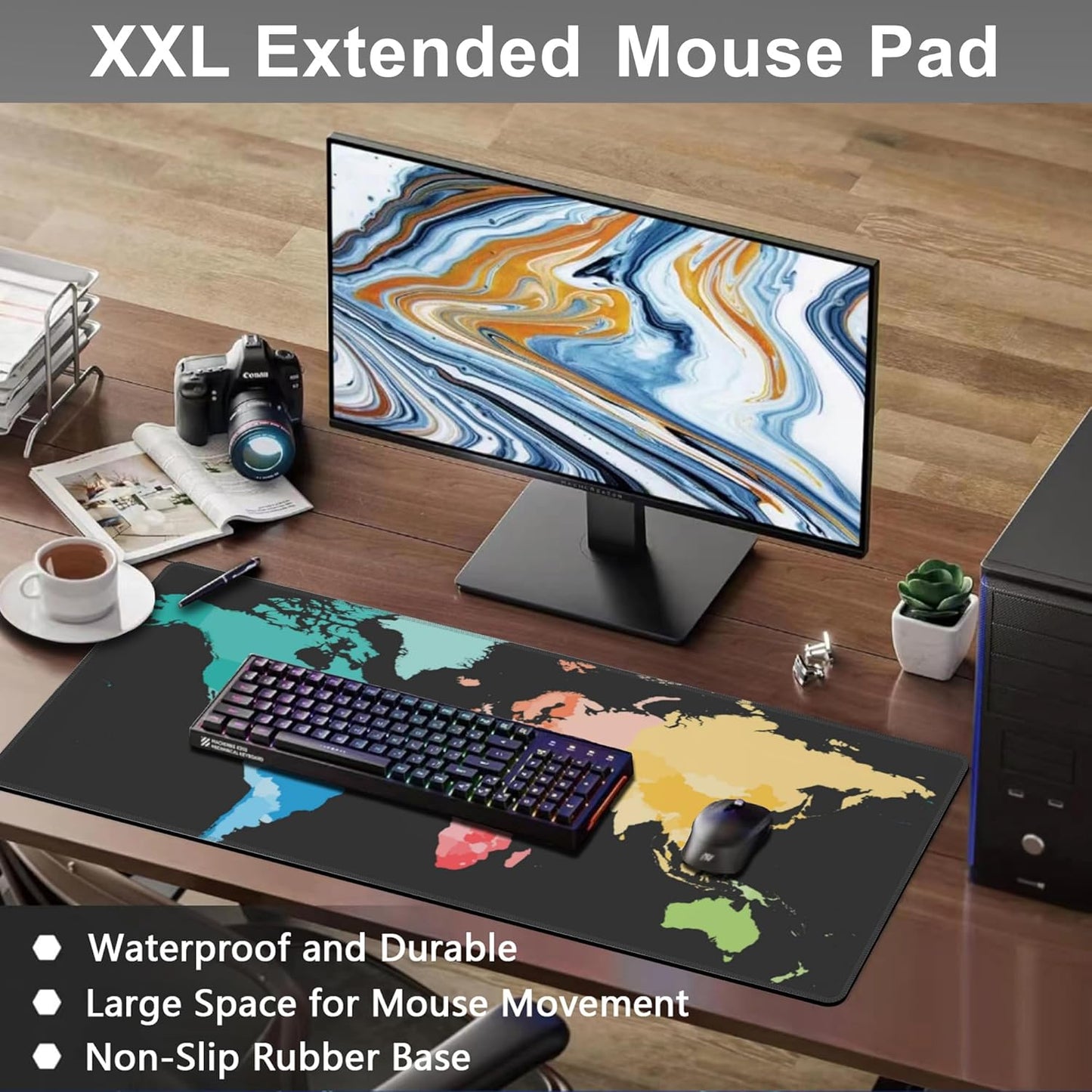 Mouse Pad, Large Colorful World Political Map Desk Mat, Extended Non-Slip Gaming Keyboard Mousepad Desk Pad, Thick Stitched Edges Waterproof Mouse Mat 31.5"x15.7" (World Map)