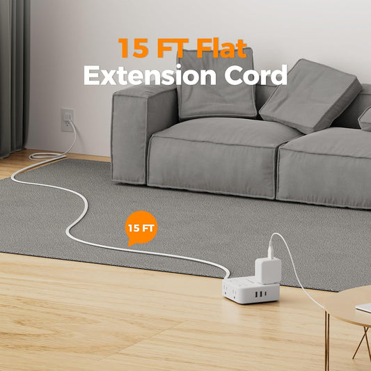 Surge Protector Power Strip, TESSAN 15 FT White Extension Cord Flat Plug with 8 AC Outlets 3 USB Ports (1 USB C), 900J Surge Protection, 3 Sided Wall Mountable Outlet Extender for Office Dorm Room