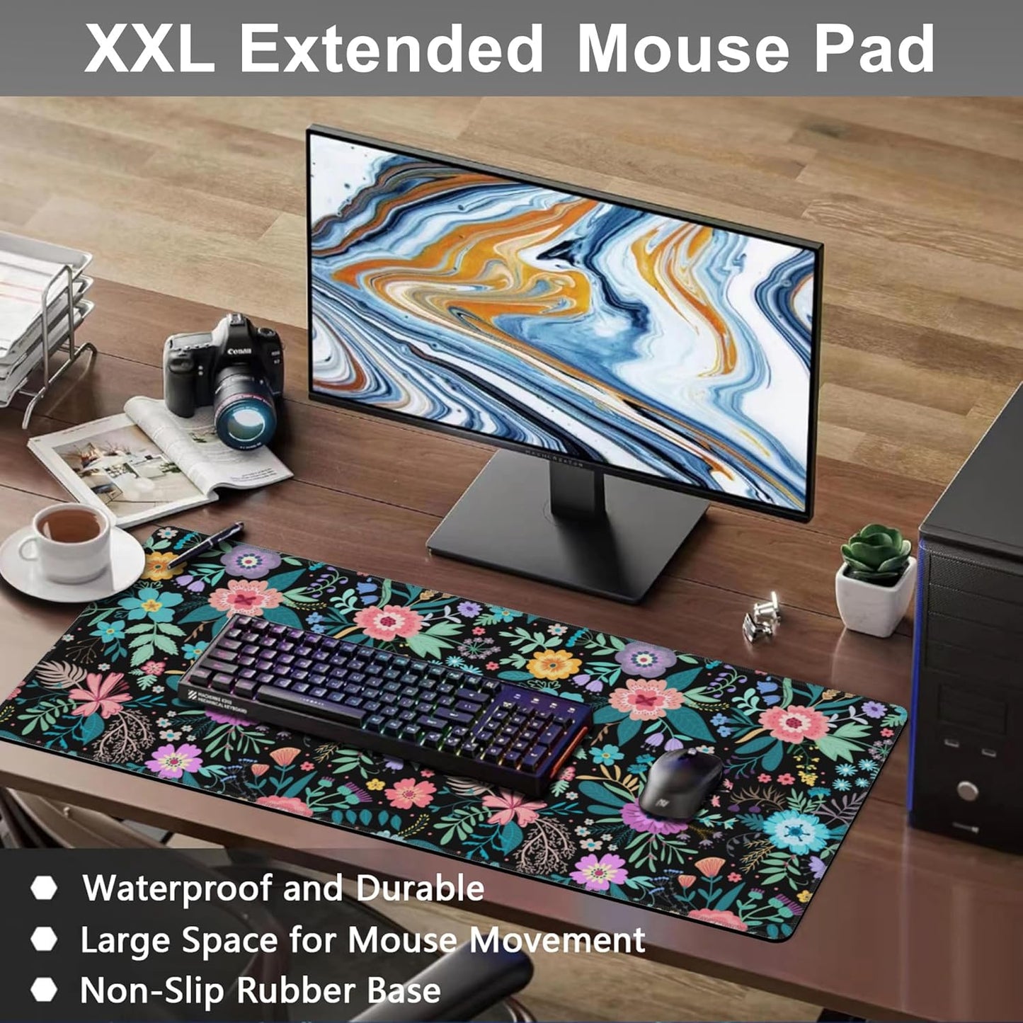 Mouse Pad, Large Colorful Flowers and Plants Desk Mat, Extended Non-Slip Gaming Keyboard Mousepad Desk Pad, Thick Stitched Edges Waterproof Mouse Mat 31.5"x15.7" (Beautiful Floral)