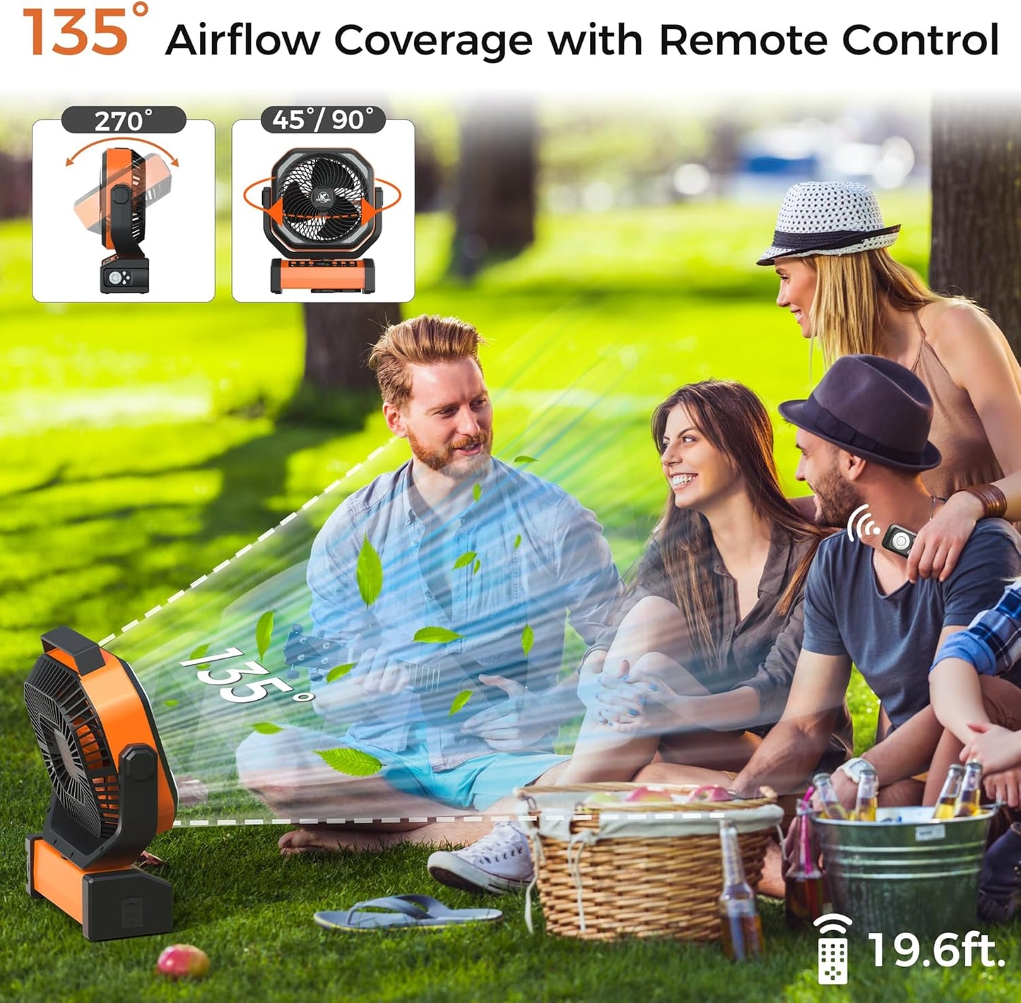 Camping Fan with Light - 20000mAh Rechargeable Battery Fan, 112Hrs Max Run Time, 8 Speeds, Digital Display, Timer, Auto Oscillation, 270° Pivot & Hook for Camping, Power Outage, Hurricane (Orange)