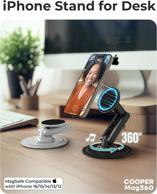 COOPER Magnetic Phone Stand for Desk, Mag360 Adjustable MagSafe Stand for iPhone 16 Pro Max, 15 14 13 12 & Plus | 360° MagSafe Phone Holder, Strong Magnetic MagSafe, Foldable 3-Axis Leg (Cream White)