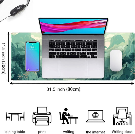 Cute Pastel Mint Green Forest Sage Desk Mat Anime Large Gaming Mouse Pad XL, Aesthetic Sunrise Laptop Computer Keyboard Mouse Mat, Women Office Desk Decor Cover Mat with Stitched Edges 31.5"x11.8"