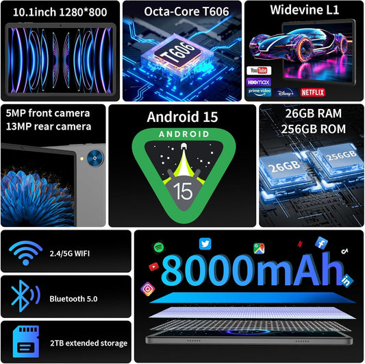 Android 15 Tablet with Keyboard, 26GB+256GB(2TB Expand), 10.1 Inch Tablet 8000 mAh Battery, BT 5.0, 5G WiFi, Widevine L1, Dual Camera, 2 in 1 Tab with Mouse, Case, Stylus(Silver)