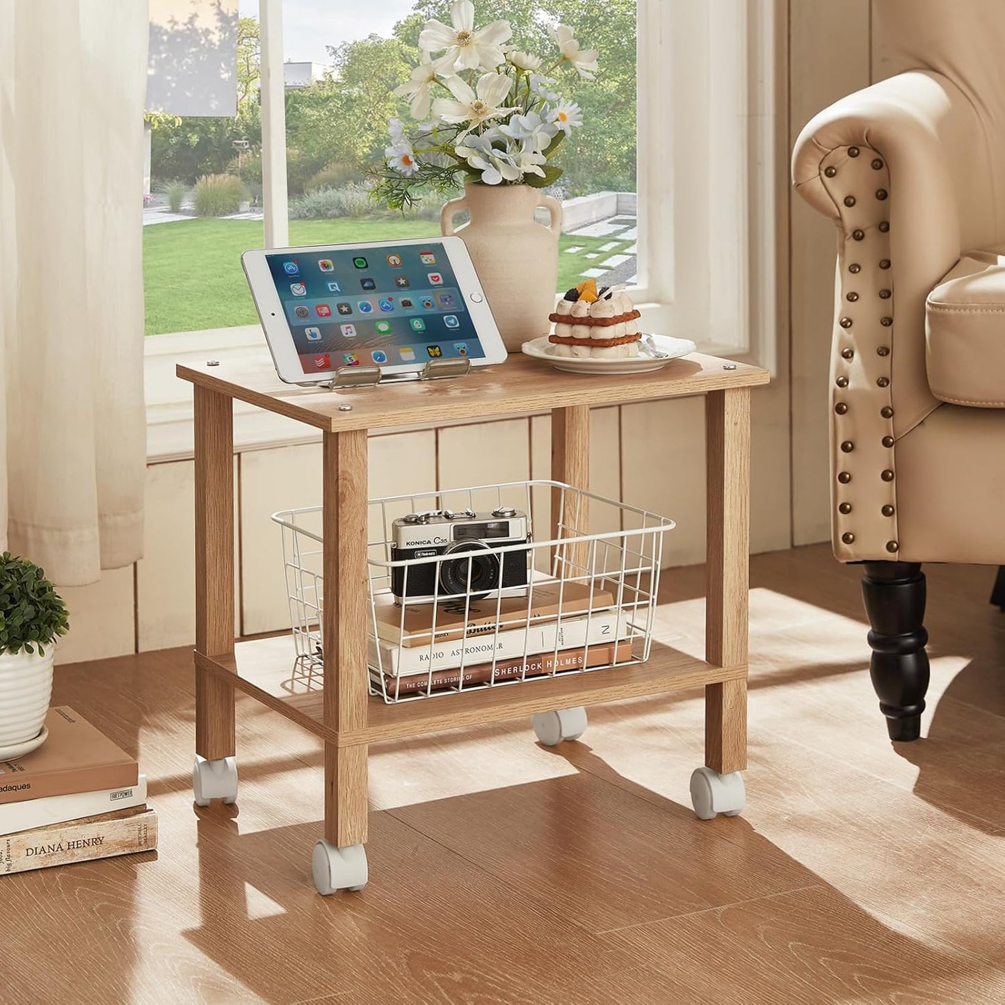 2 Tier Printer Stand with Storage,Under Desk Shelf Printer Table,Small Printer Stand with Wheels,Rolling Printer Cart for Office,Home,Wood Color