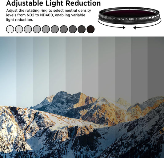 52mm Variable ND2-ND400 Filter with Upgraded Phone Clip, Neutral Density Filter Lens for iPhone 16/15/14/13 Pro Max Samsung Moto Google TCL, HD Double-Sided Multi-Coated Glass