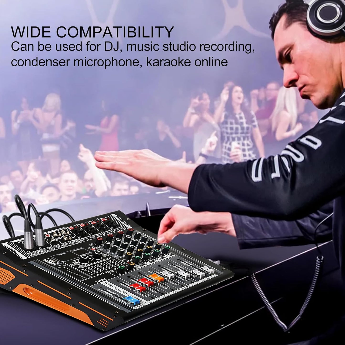 Audio Mixer 4 Channel, DJ Mixer with Power Amplifier, Audio Sound Card with 48V Phantom Power, Usb Audio Interface, Sounds Mixer Board with 99 DSP FX Reverb Delay Effect for Streaming
