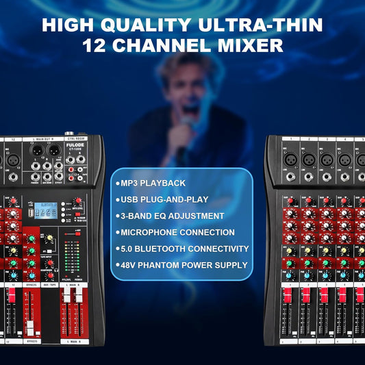12 Channel Audio Mixer, Professional Music Mixer Board DJ Mixing Console with Bluetooth, USB/MP3 Player, Reverb, and 48V Phantom Power for Studio Recording, Karaoke, and Live Performances