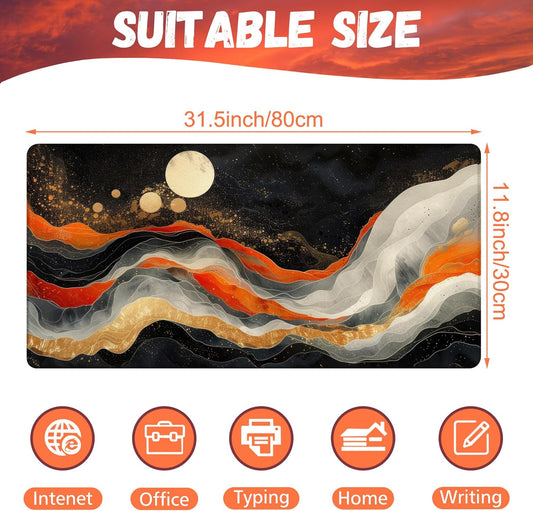 Large Gaming Mouse Pad, Orange Golden Waves Desk Mat, Abstract Art Painting Desk Pad, 31.5"x15.7" Extended Big Computer Keyboard Mouse Pad with Non-Slip Base and Stitched Edge