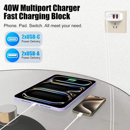 USB Type C Charger for iPhone 16 Pro,40W Multiport Type C Charger Fast Charging,2Pack 4 Port USB C Wall Charger 10FT USBC Chargers Cord for iPhone 16/16 Pro/16 ProMax/16e/15/15 ProMax/15 Plus,iPad Pro