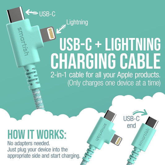 Smartish 2 in 1 USB C to USB C/Lightning Cable - Crown Joule - 6 Ft Fabric Wrapped Fast Charging Cord - for iPhone, Galaxy, Pixel - 100W Dual Fast Charger for Phones/Laptops - Teal Me More