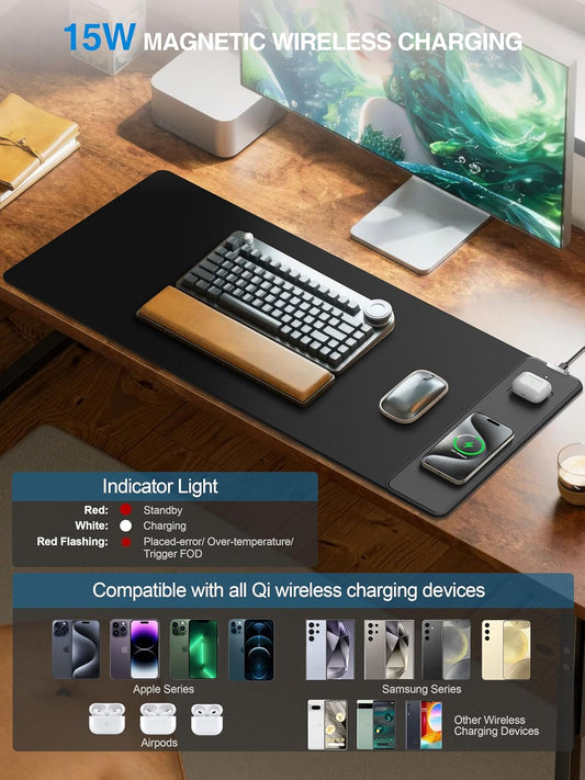 TopMade Mouse Pad with 15W Wireless Charging, Gaming Mousepad Home Office Large Desk Pad with Ultra-Smooth Surface, Non-Slip Base, Waterproof Keyboard Pad, Classic Black Desk Mat