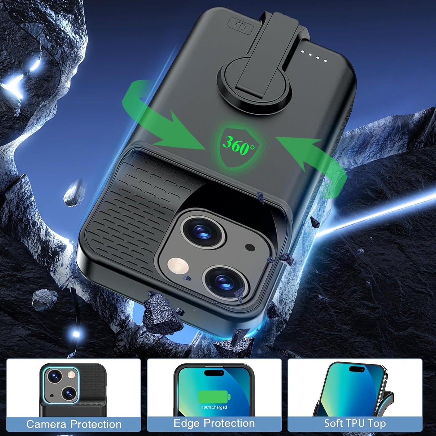 Battery Case for iPhone 15/15 Pro, Charging Case with Stand 7000mAh Rechargeable Ultra-Slim Anti-Fall Protection Extended Battery Pack Charger Cover for iPhone 15/15 Pro Battery Case 6.1" Black