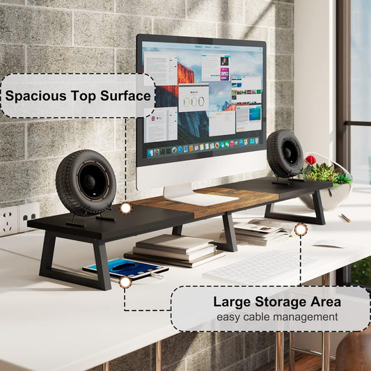 TEAMIX 42 inch Large Dual Monitor Riser, Extra Long Monitor Stand Riser for 2 Monitors, Wood & Steel Desktop Riser Desk Organization Home Office (Black+Brown, 42 inch)